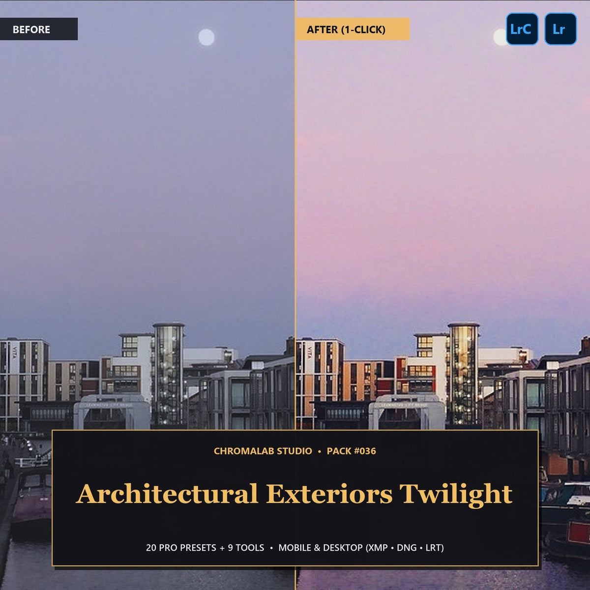 Architectural Exteriors Twilight — 20 Lightroom Presets (Mobile & Desktop) - Cover
