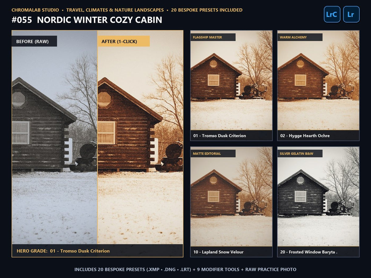 Nordic Winter Cozy Cabin - 20-Preset Lookbook & Before/After