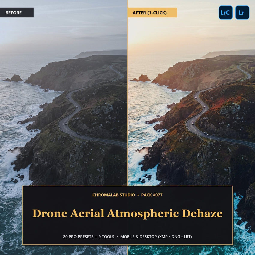Drone Aerial Atmospheric Dehaze — 20 Lightroom Presets (Mobile & Desktop)