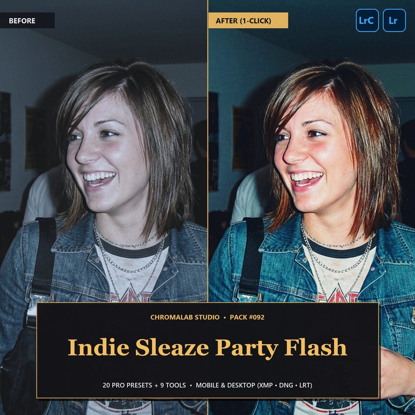 Indie Sleaze Party Flash — 20 Lightroom Presets (Mobile & Desktop)