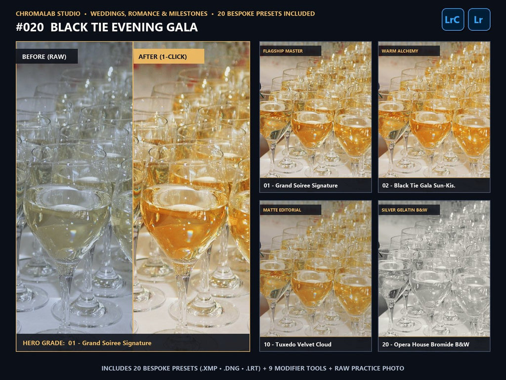 Black Tie Evening Gala - 20-Preset Lookbook & Before/After