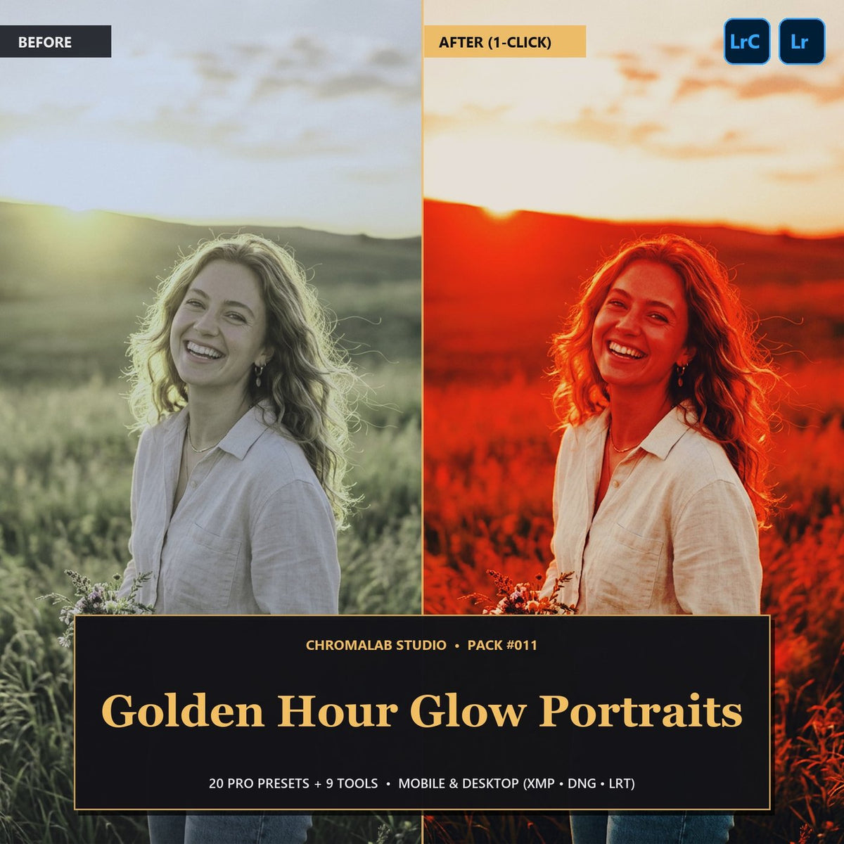Golden Hour Glow Portraits — 20 Lightroom Presets (Mobile & Desktop) - Cover