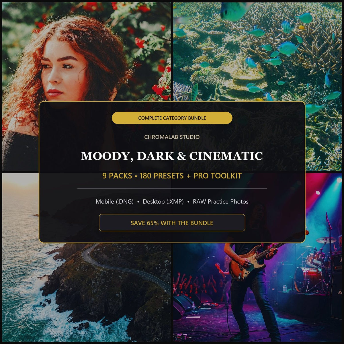 Moody, Dark & Cinematic Master Bundle — 9 Packs (180 Lightroom Presets)