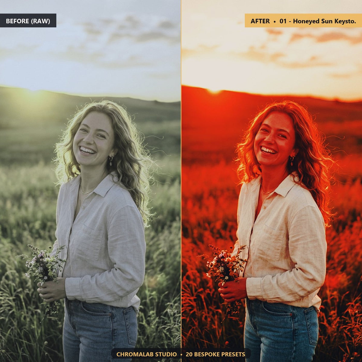 Golden Hour Glow Portraits - Before & After Split