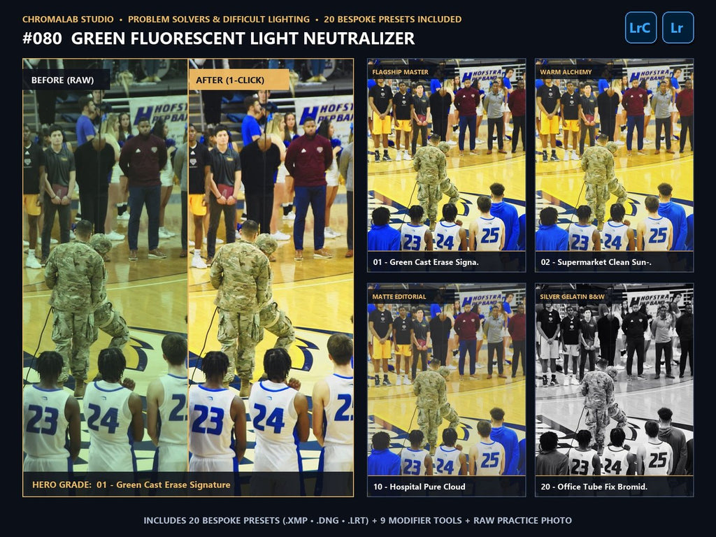 Green Fluorescent Light Neutralizer - 20-Preset Lookbook & Before/After
