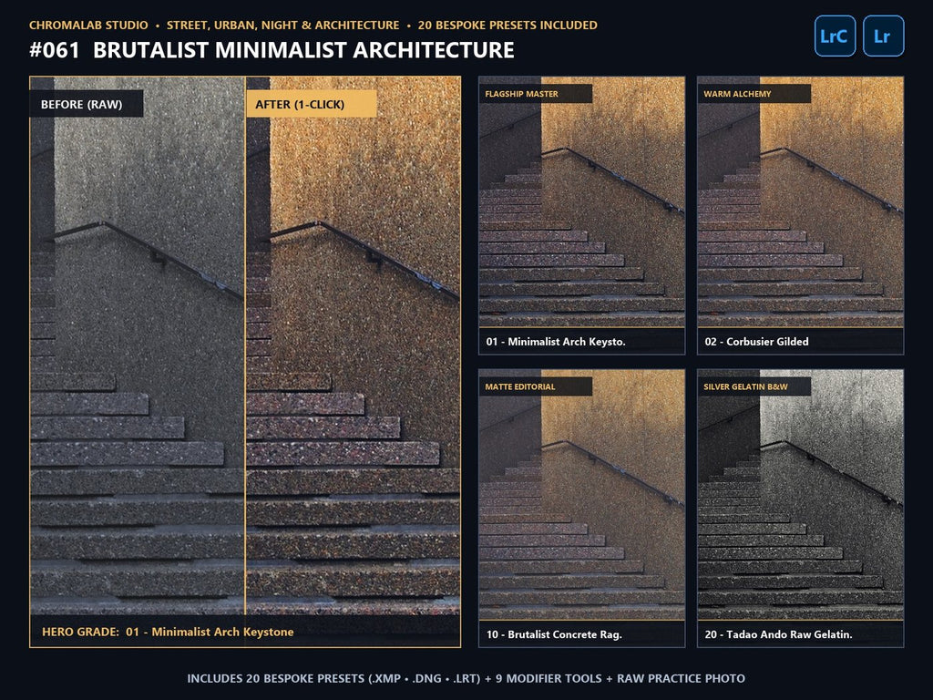 Brutalist Minimalist Architecture - 20-Preset Lookbook & Before/After