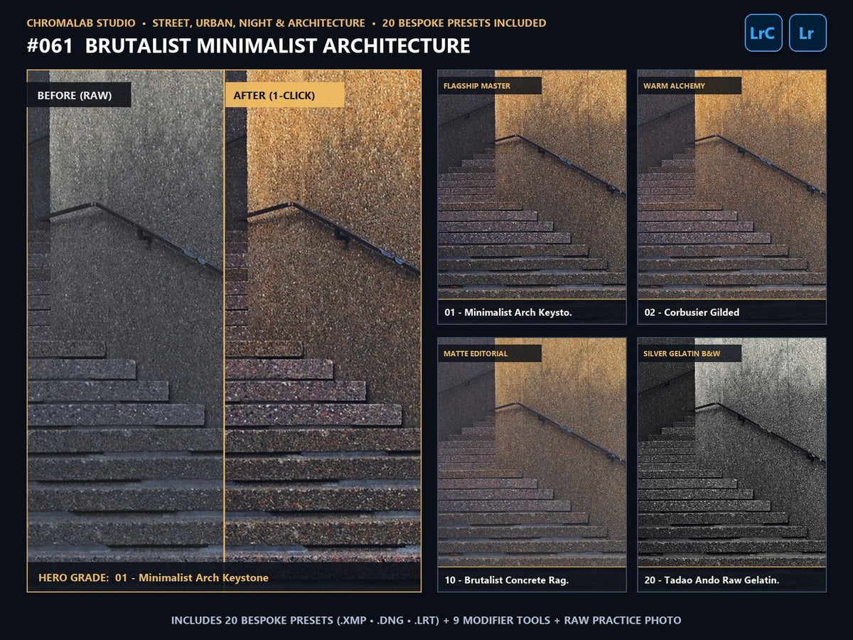 Brutalist Minimalist Architecture - 20-Preset Lookbook & Before/After