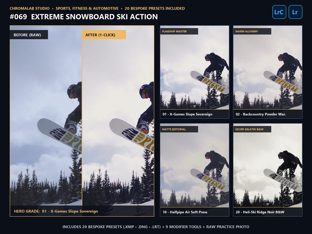 Extreme Snowboard Ski Action - 20-Preset Lookbook & Before/After