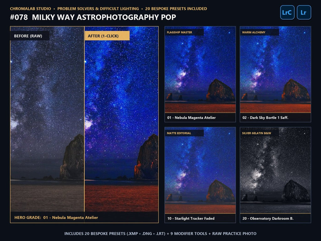 Milky Way Astrophotography Pop - 20-Preset Lookbook & Before/After