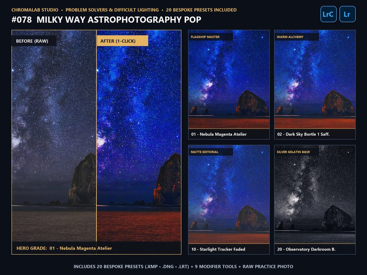 Milky Way Astrophotography Pop - 20-Preset Lookbook & Before/After