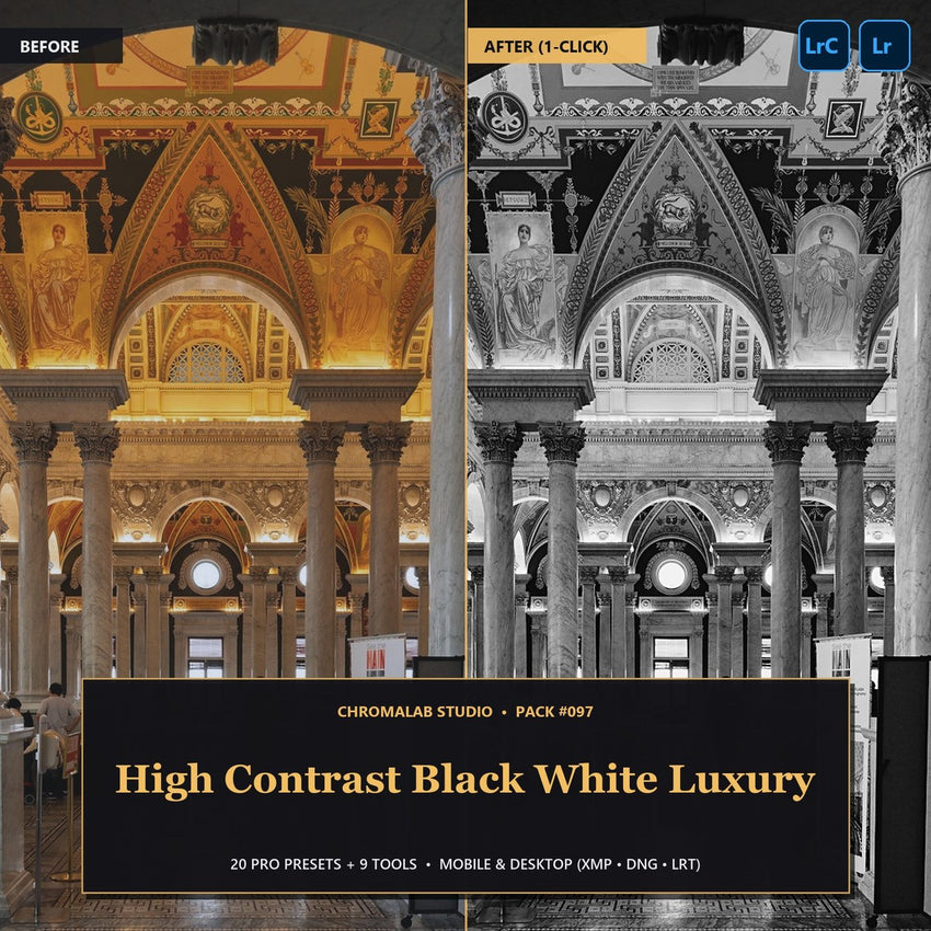High Contrast Black White Luxury — 20 Lightroom Presets (Mobile & Desktop)