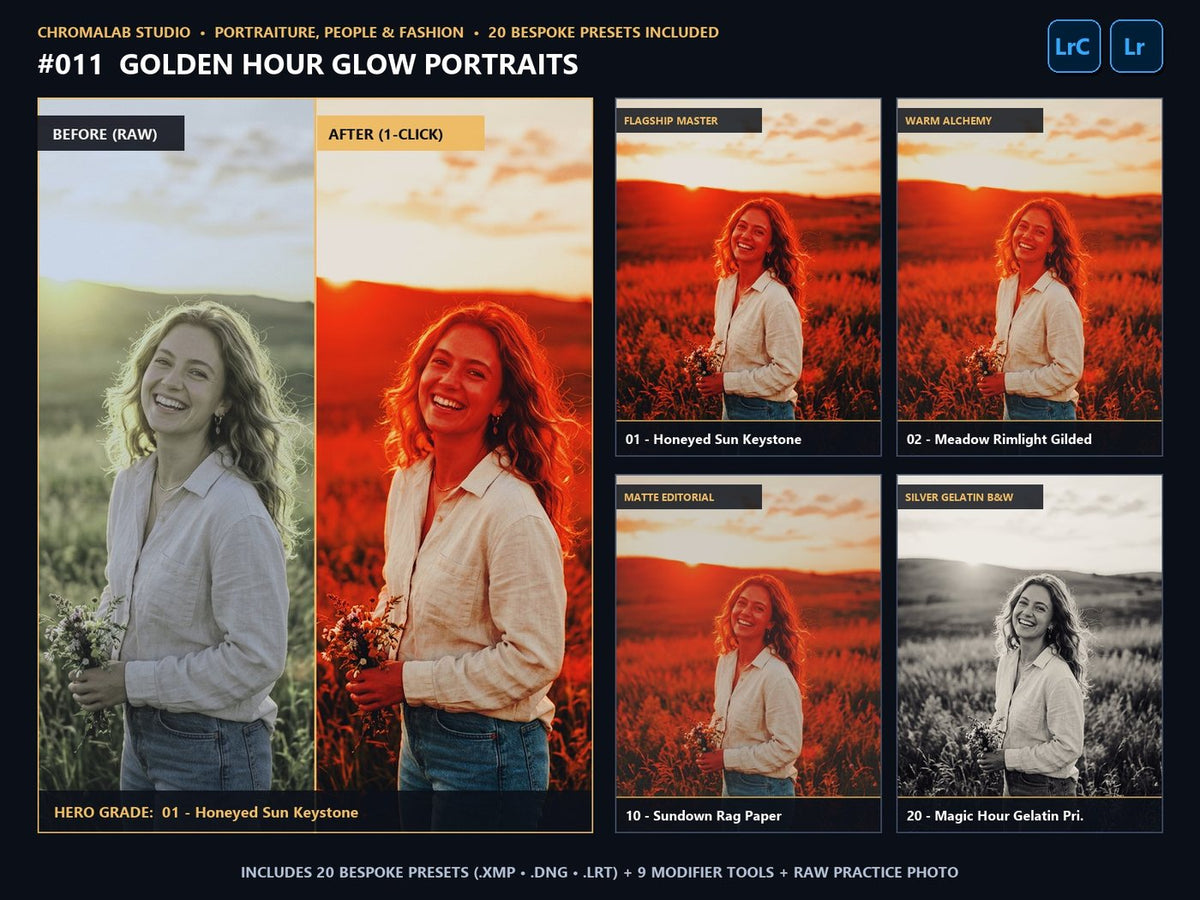 Golden Hour Glow Portraits - 20-Preset Lookbook & Before/After