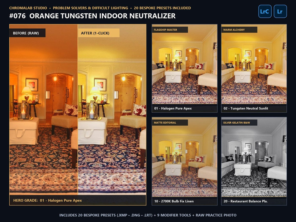 Orange Tungsten Indoor Neutralizer - 20-Preset Lookbook & Before/After