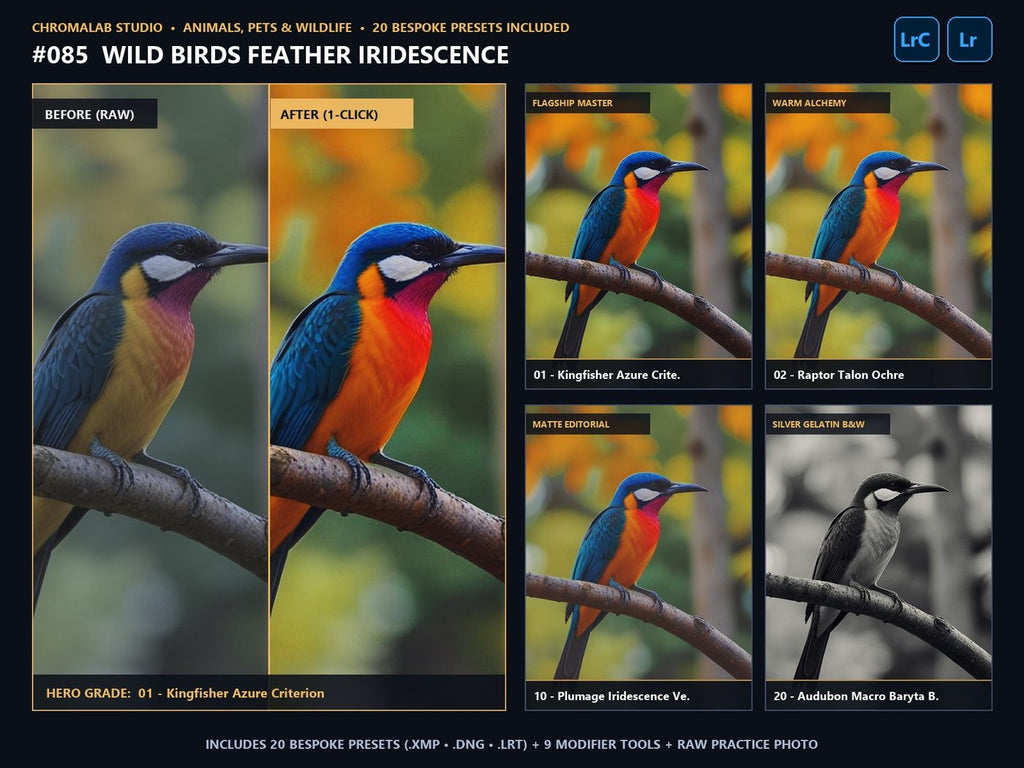 Wild Birds Feather Iridescence - 20-Preset Lookbook & Before/After