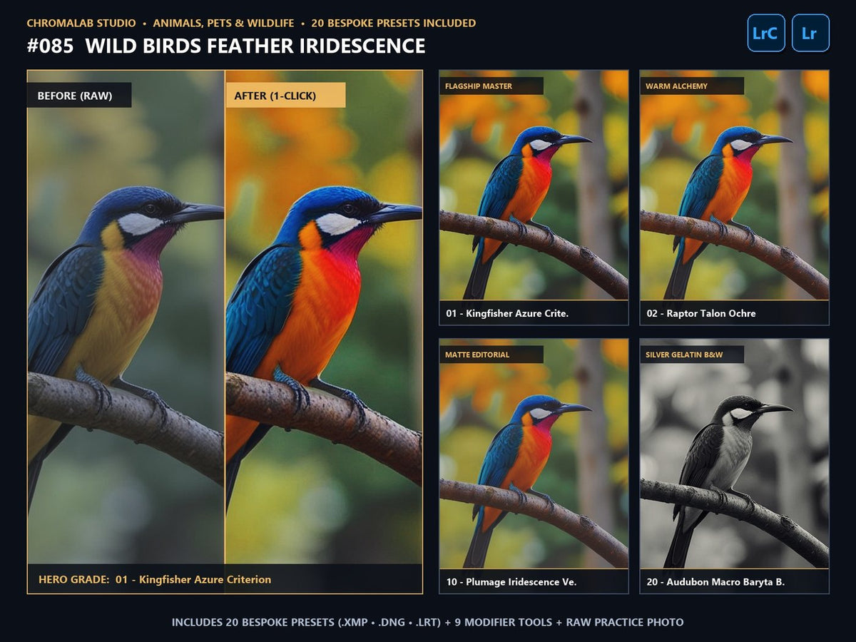 Wild Birds Feather Iridescence - 20-Preset Lookbook & Before/After