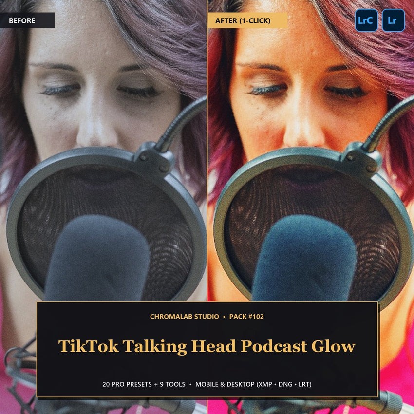 TikTok Talking Head Podcast Glow — 20 Lightroom Presets (Mobile & Desktop)