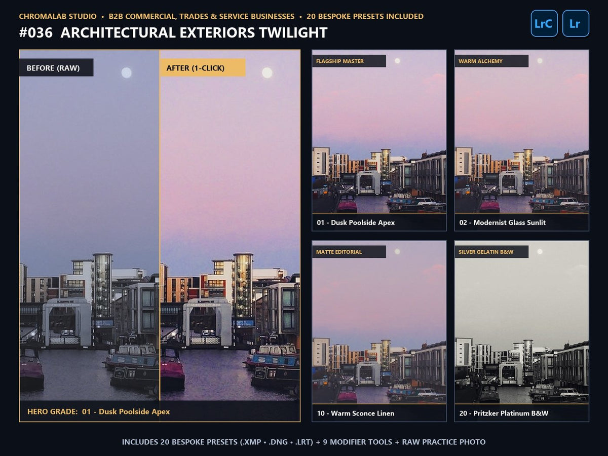 Architectural Exteriors Twilight - 20-Preset Lookbook & Before/After