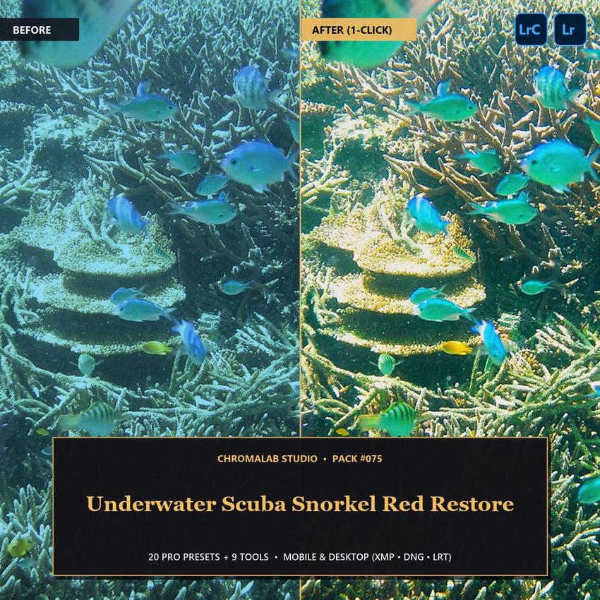 Underwater Scuba Snorkel Red Restore — 20 Lightroom Presets (Mobile & Desktop)