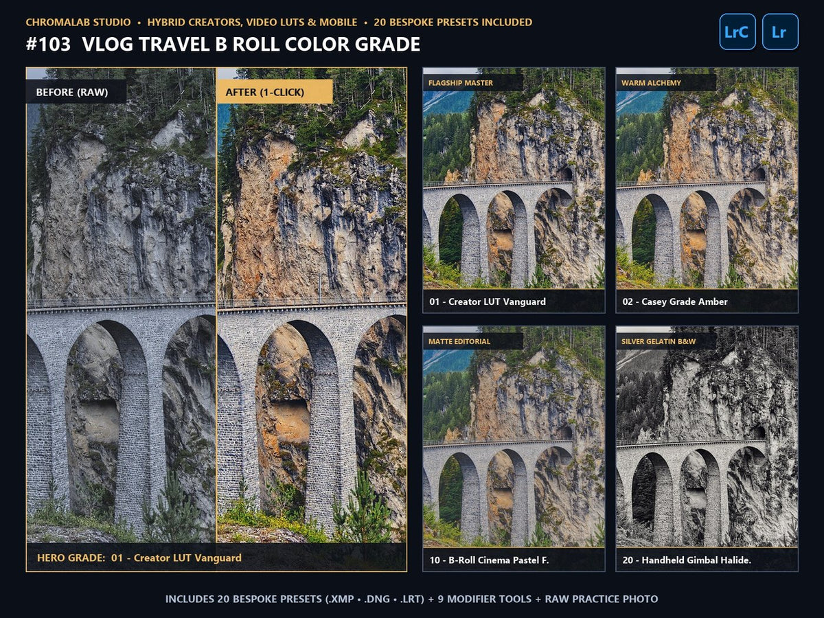 Vlog Travel B Roll Color Grade - 20-Preset Lookbook & Before/After