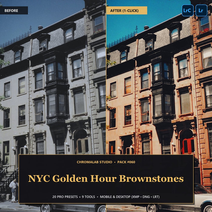 NYC Golden Hour Brownstones — 20 Lightroom Presets (Mobile & Desktop)