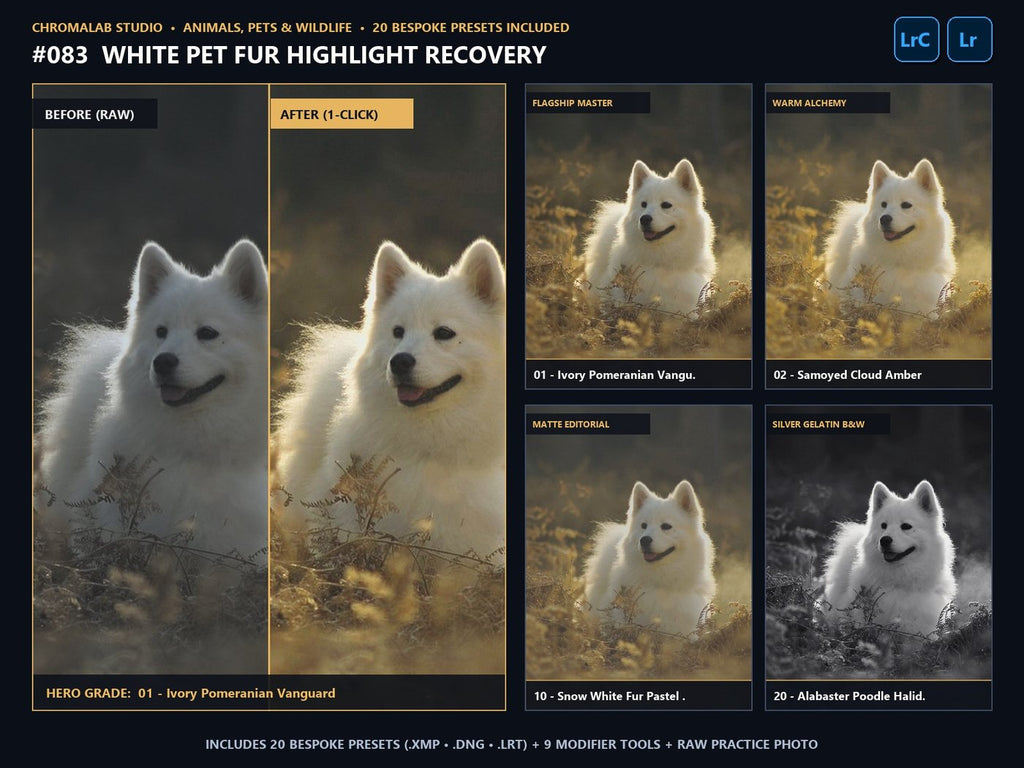 White Pet Fur Highlight Recovery - 20-Preset Lookbook & Before/After