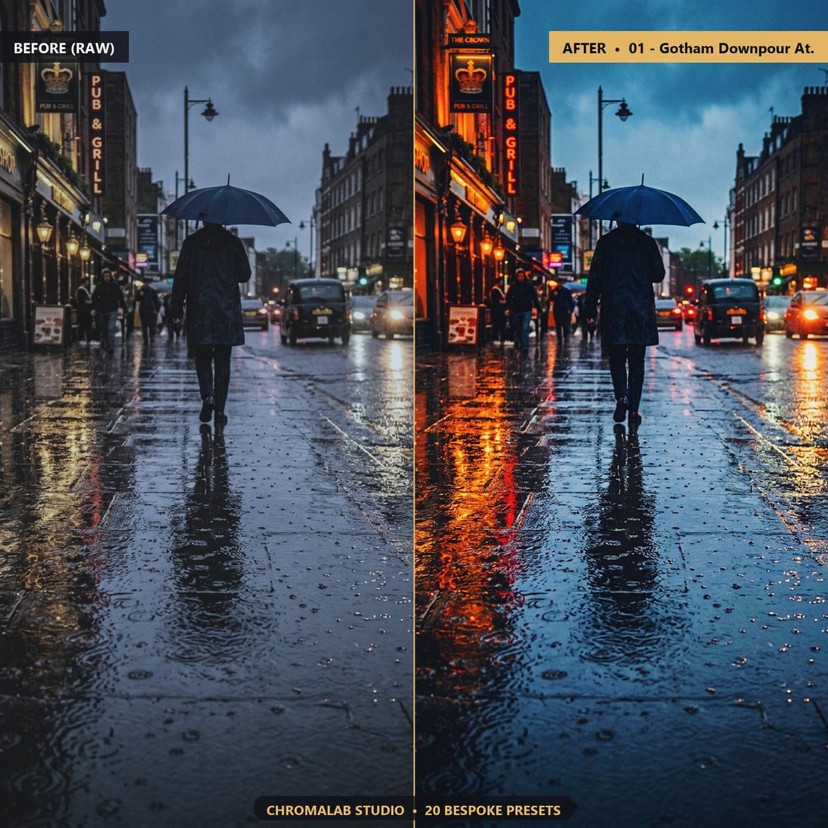 Rainy City Puddle Reflections - Before & After Split