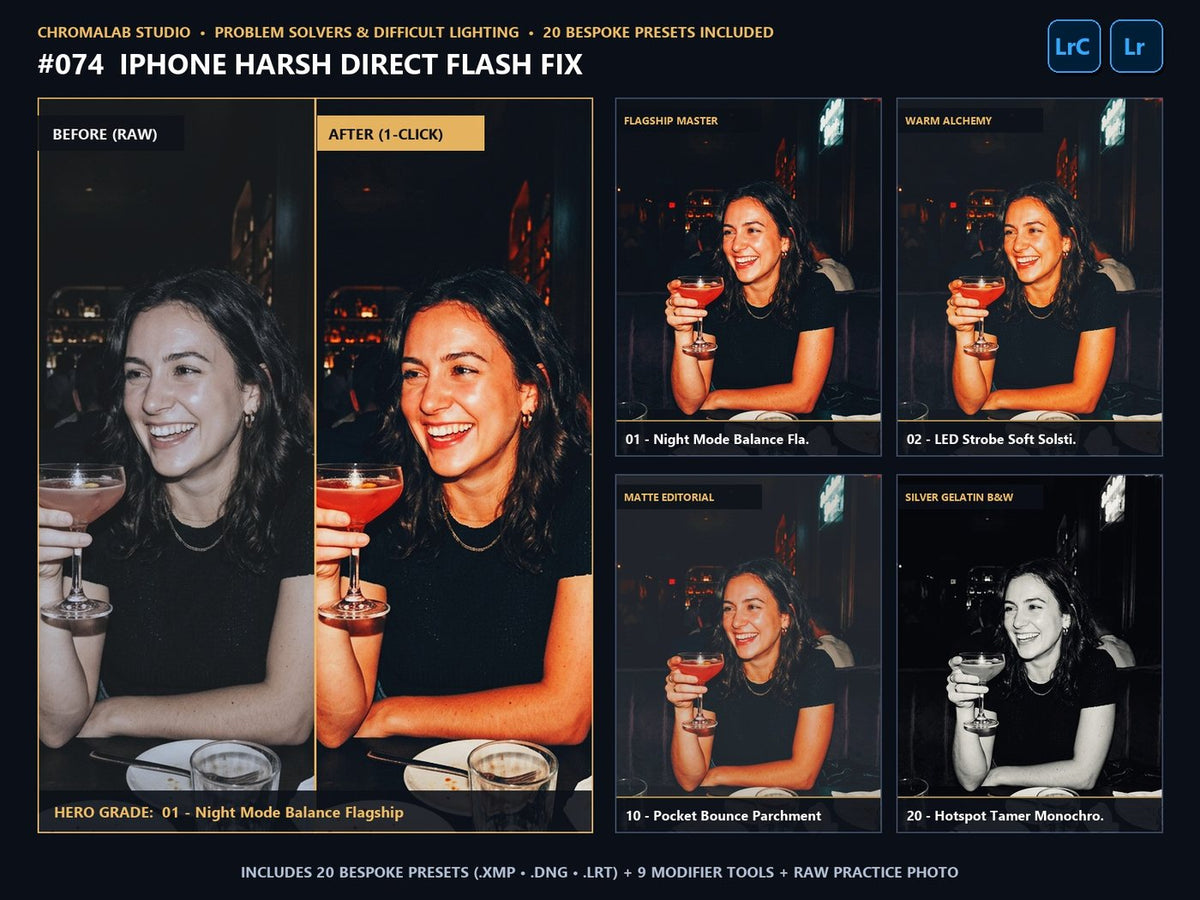 iPhone Harsh Direct Flash Fix - 20-Preset Lookbook & Before/After