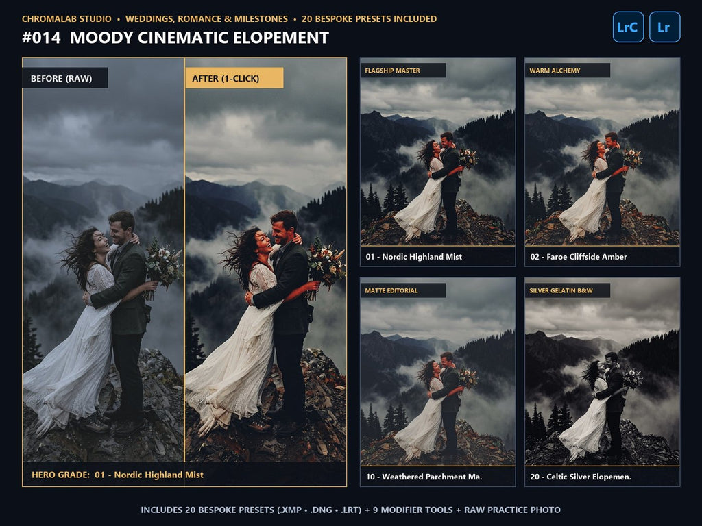Moody Cinematic Elopement - 20-Preset Lookbook & Before/After