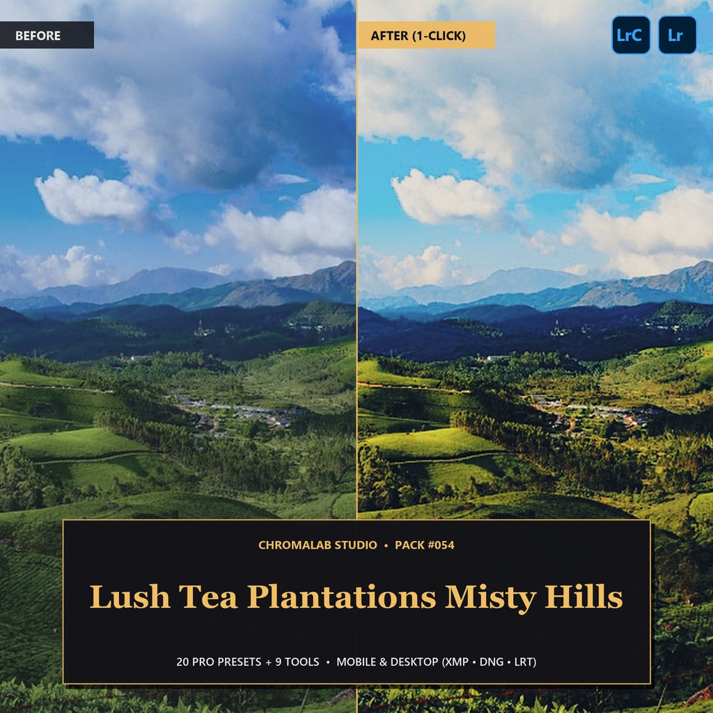 Lush Tea Plantations Misty Hills — 20 Lightroom Presets (Mobile & Desktop) - Cover