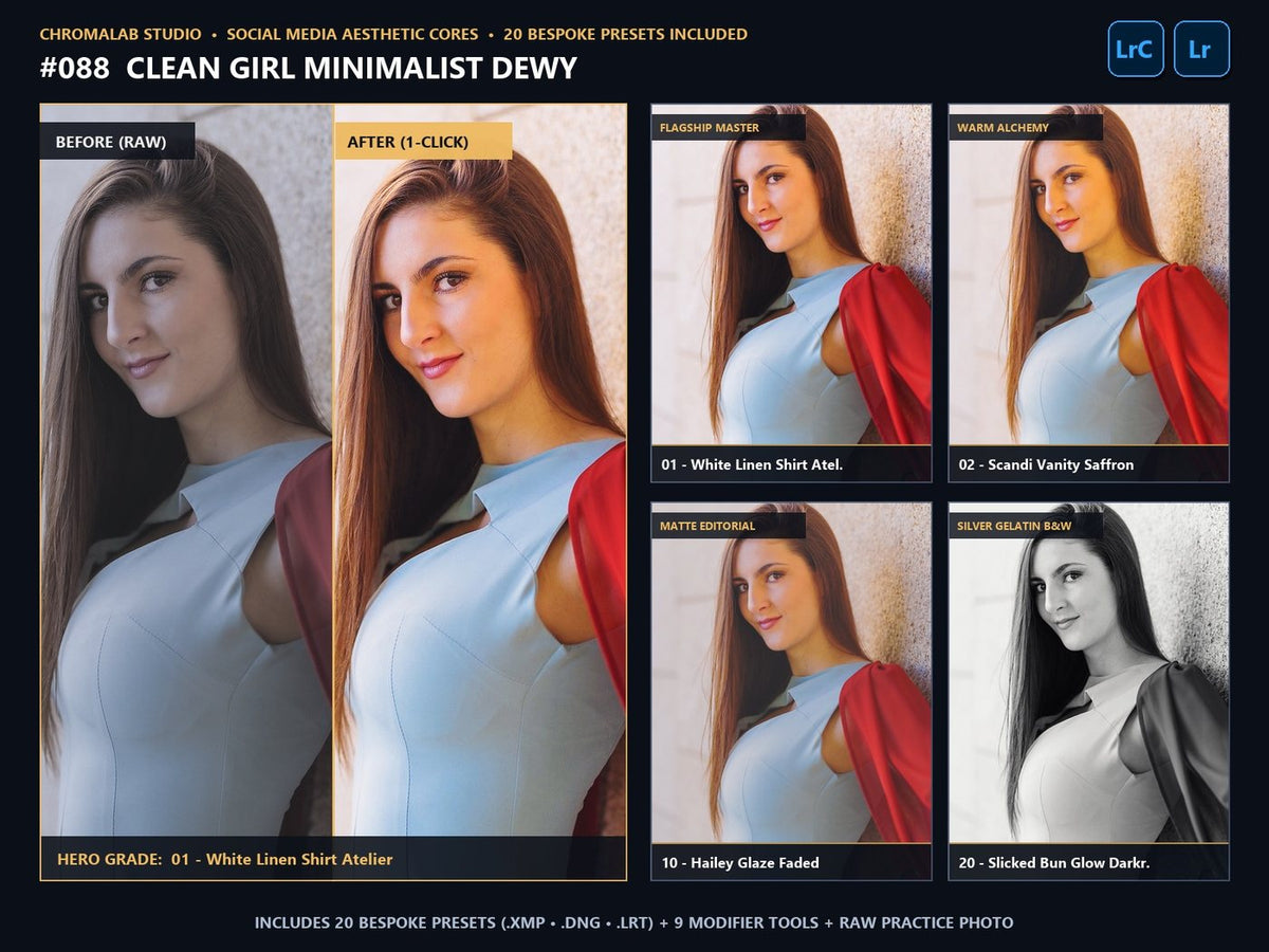 Clean Girl Minimalist Dewy - 20-Preset Lookbook & Before/After