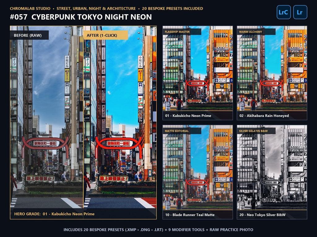 Cyberpunk Tokyo Night Neon - 20-Preset Lookbook & Before/After