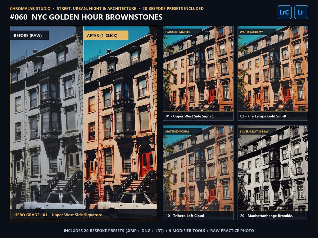 NYC Golden Hour Brownstones - 20-Preset Lookbook & Before/After