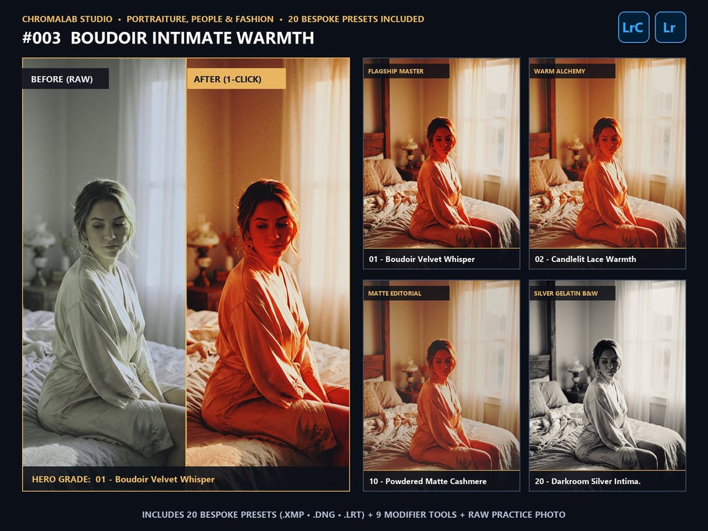 Boudoir Intimate Warmth - 20-Preset Lookbook & Before/After