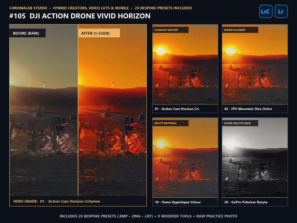 DJI Action Drone Vivid Horizon - 20-Preset Lookbook & Before/After