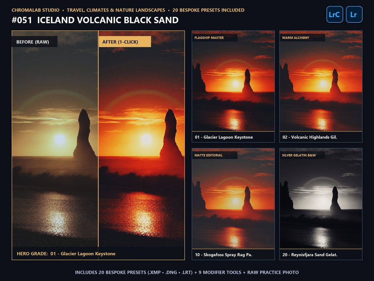 Iceland Volcanic Black Sand - 20-Preset Lookbook & Before/After