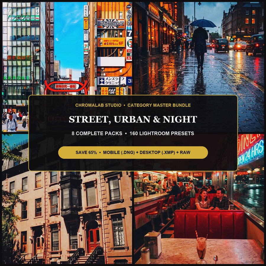 Street, Urban & Cyberpunk Night Master Bundle — 8 Packs (160 Lightroom Presets)