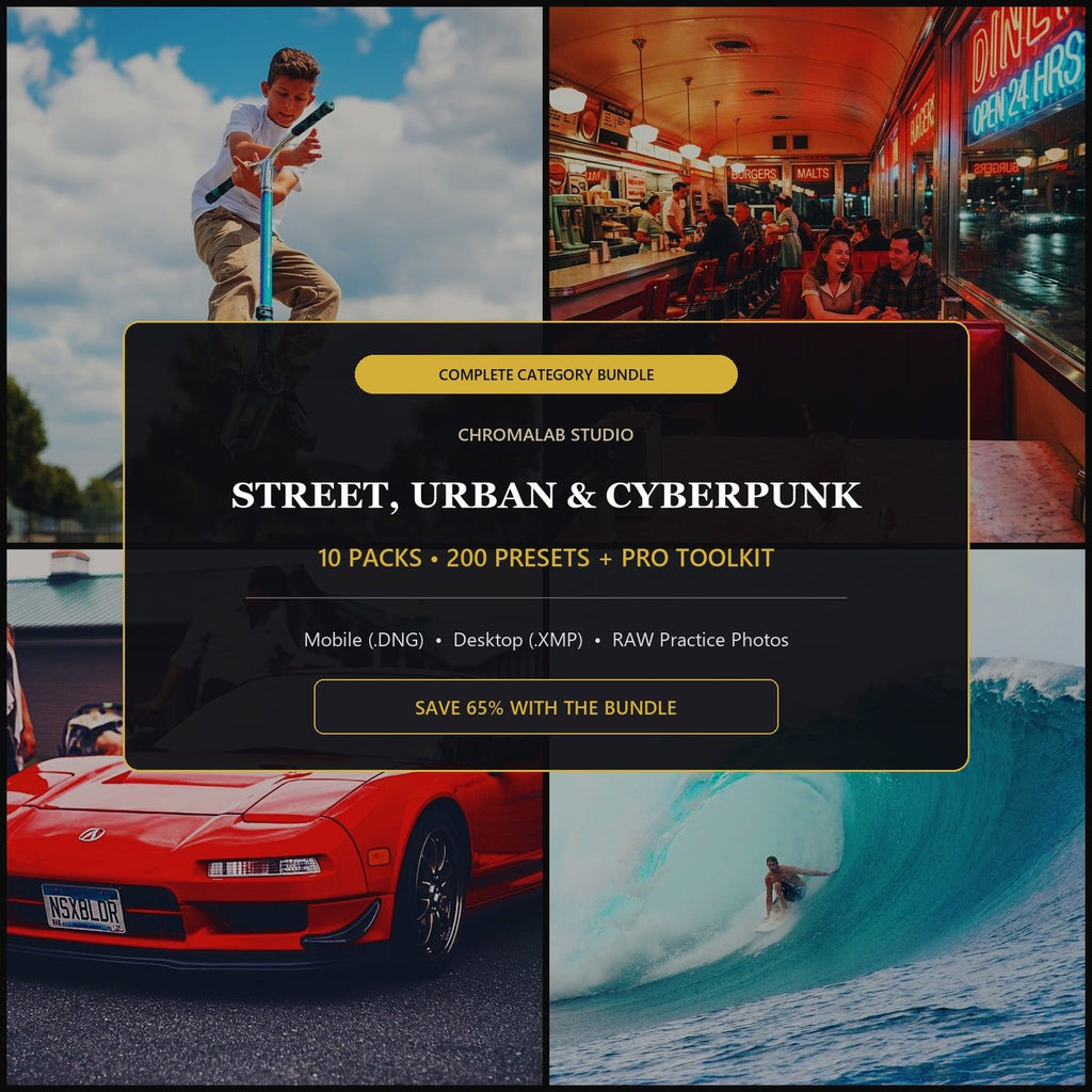 Street, Urban & Cyberpunk Master Bundle — 10 Packs (200 Lightroom Presets)