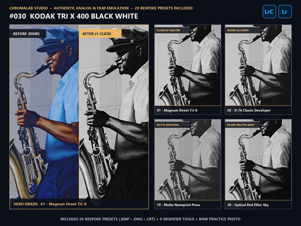 Kodak Tri X 400 Black White - 20-Preset Lookbook & Before/After