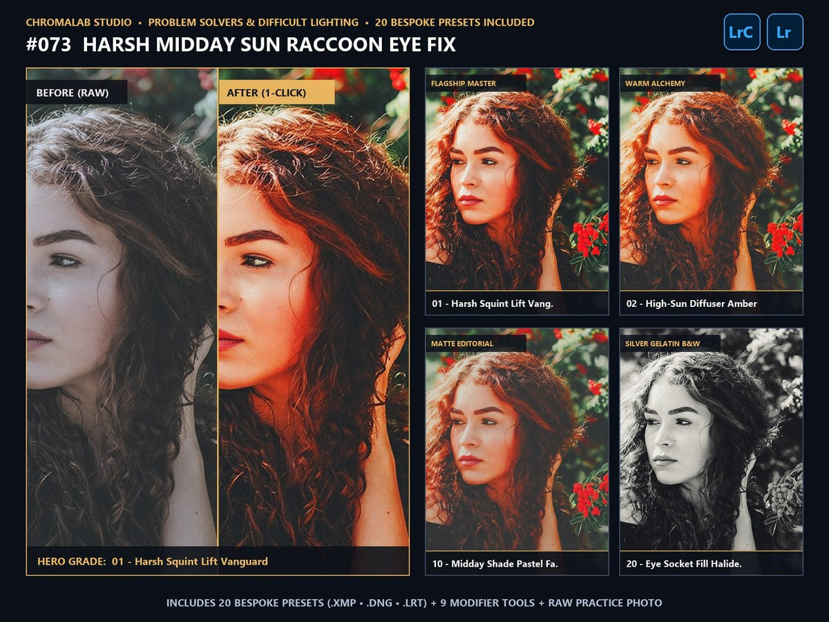 Harsh Midday Sun Raccoon Eye Fix - 20-Preset Lookbook & Before/After