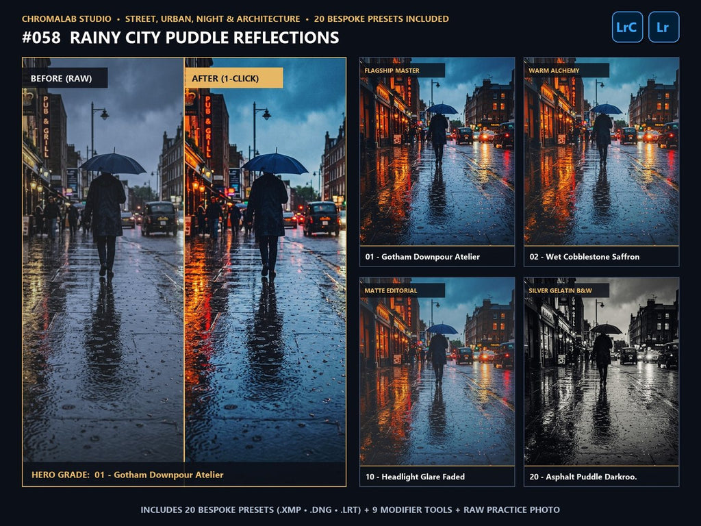 Rainy City Puddle Reflections - 20-Preset Lookbook & Before/After